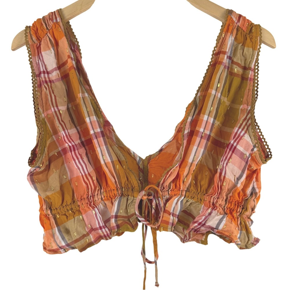 Aerie Orange Plaid Gold‎ Lurex Boho Crop Top V-Neck Lace Trim L 7823949878
